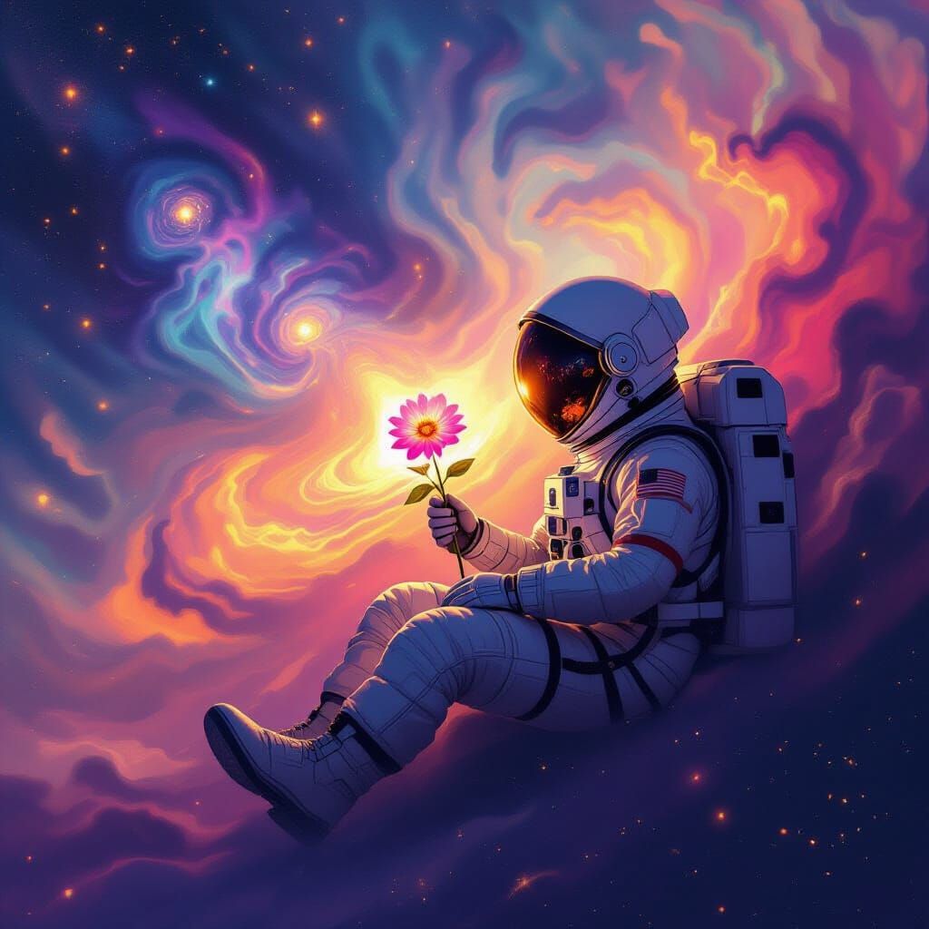 Astronaut in Nebula with Glowing Flower, Impressionist Style