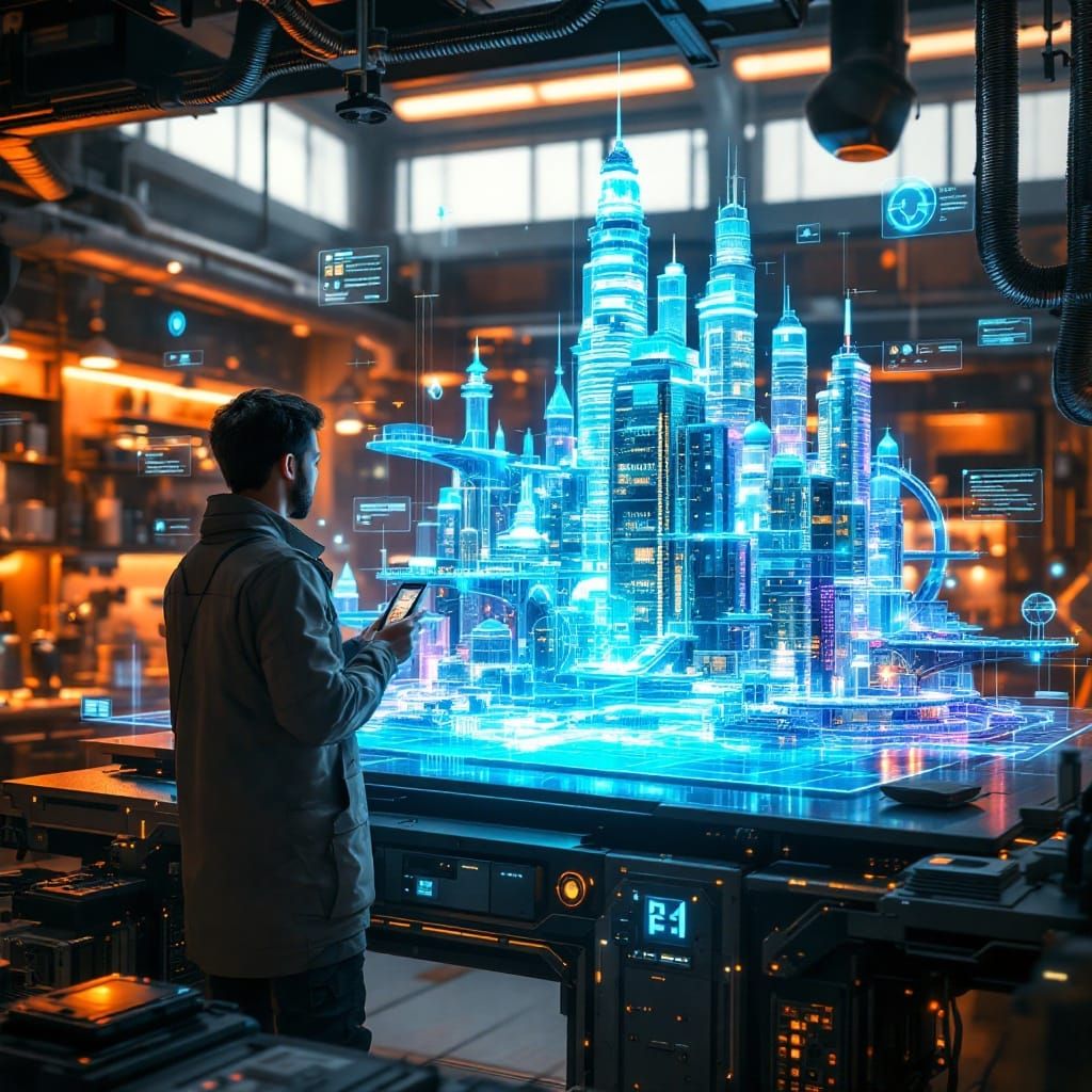 Futuristic Engineer Surrounded by Innovative Technology in a...