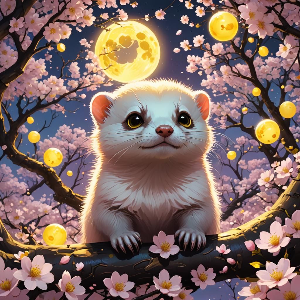 Glowing Ferret in Cherry Blossom Bed: 3D Anime Art