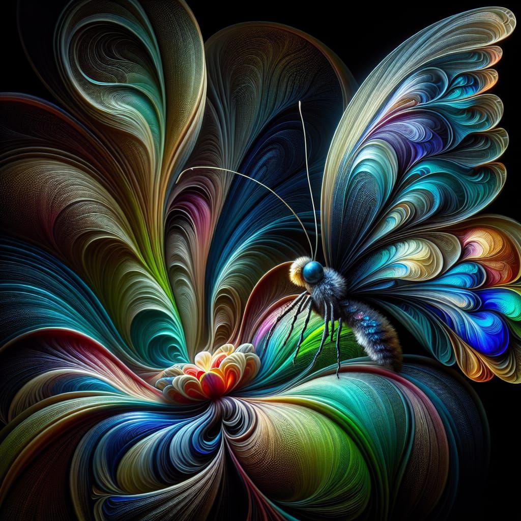 Acoustic Butterfly on Mystical Flower, Iridescent Colors