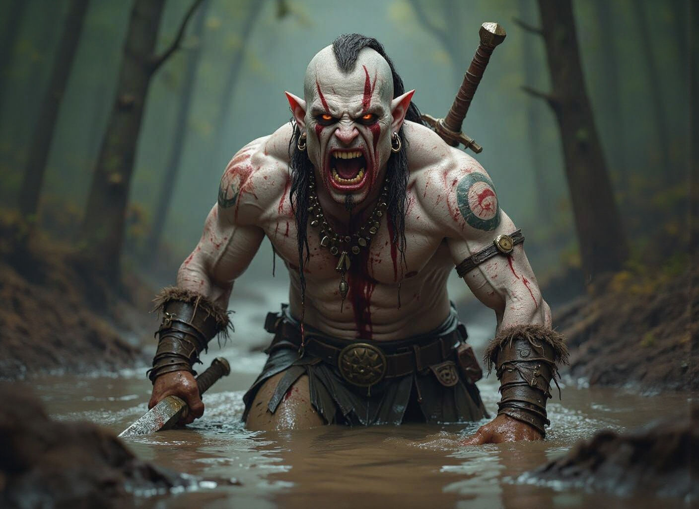 Albino Orc Emerges from Murky Bog in Dark Fantasy Style