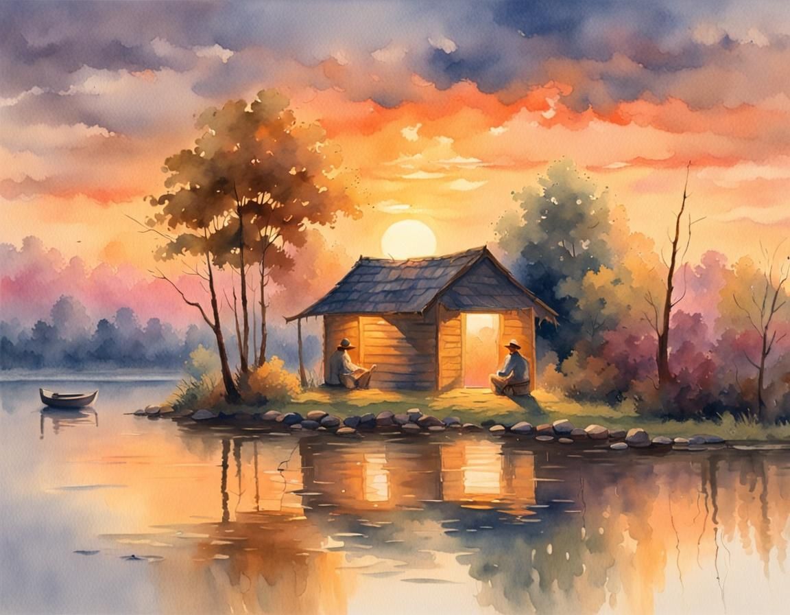Impressionist Watercolor: Fisherman at Sunset in Golden Ligh...