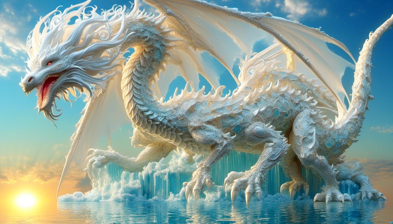 Psychedelic Dragon Soaring Over Waterfall in Abstract Fracta...