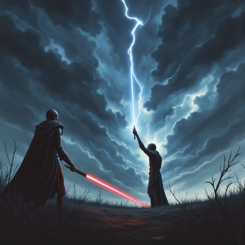 Lightsaber Duel Under Stormy Skies