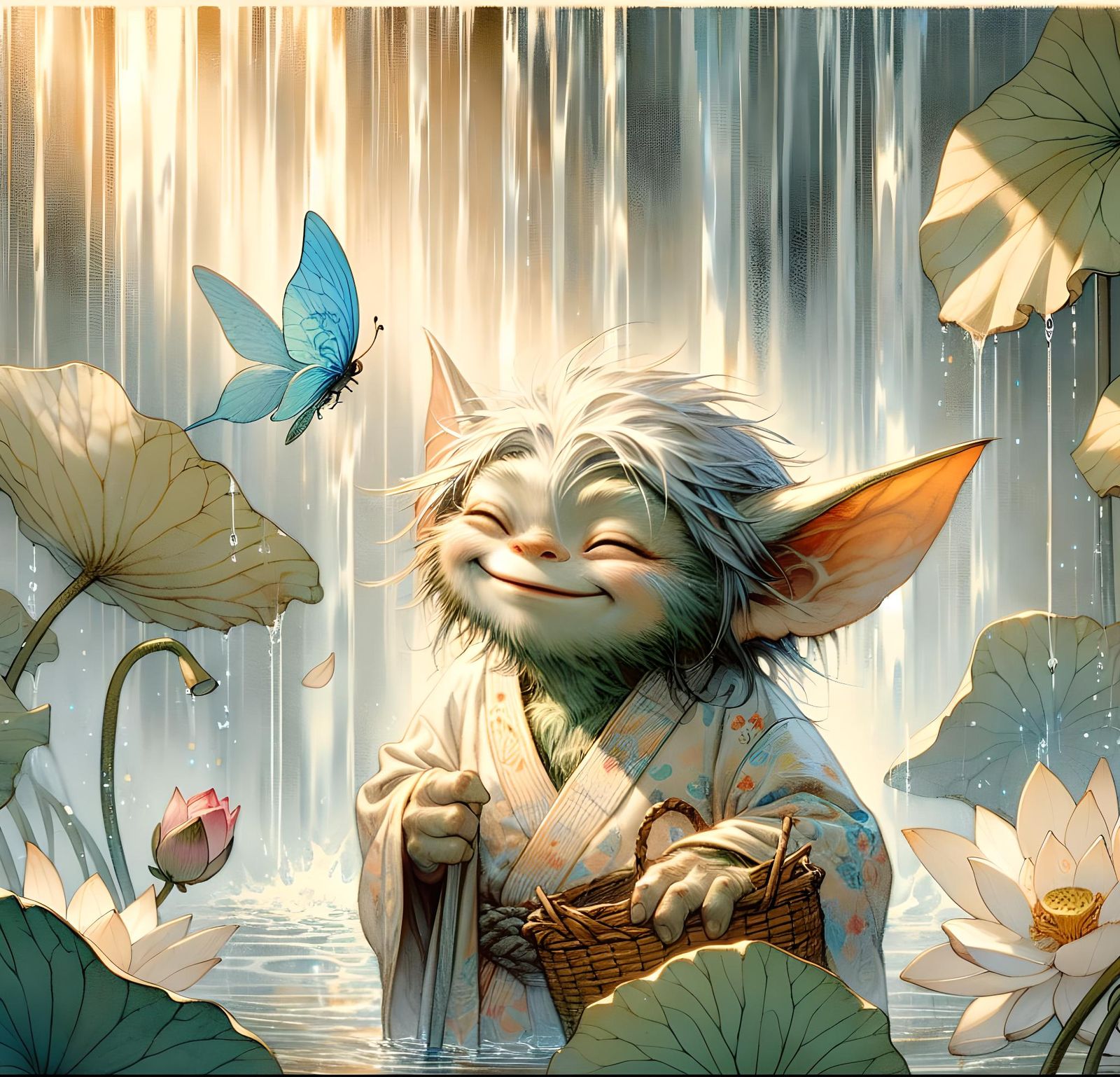 Gremlin and Butterfly by Waterfall in Ukiyo-e Style