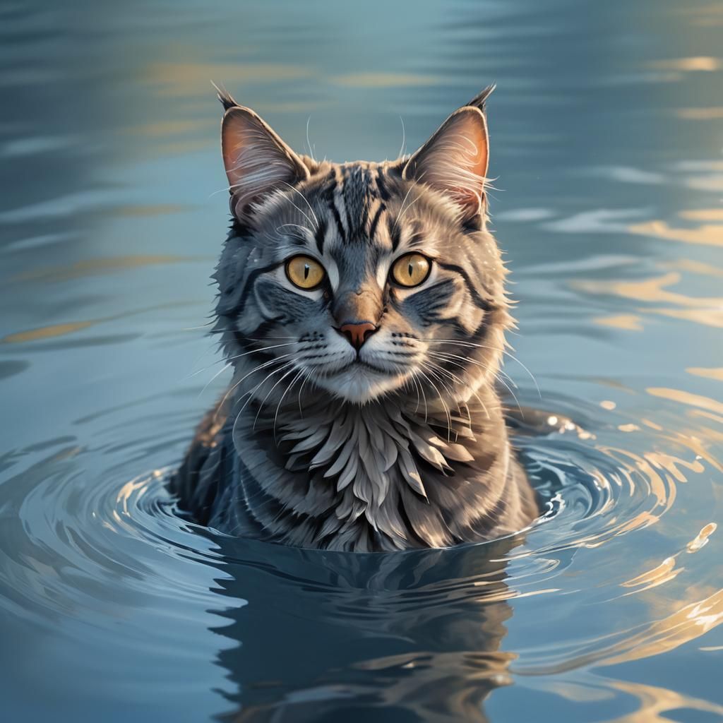 Blue-Gray Cat Swimming in River: Digital Painting