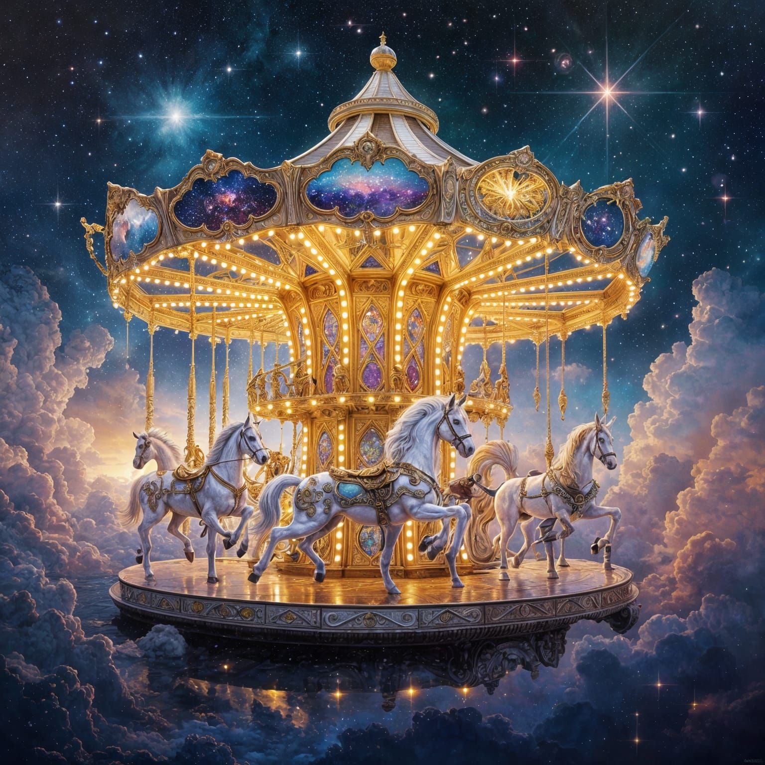 Elegant White and Gold Carousel Rides Through Starry Cosmic ...