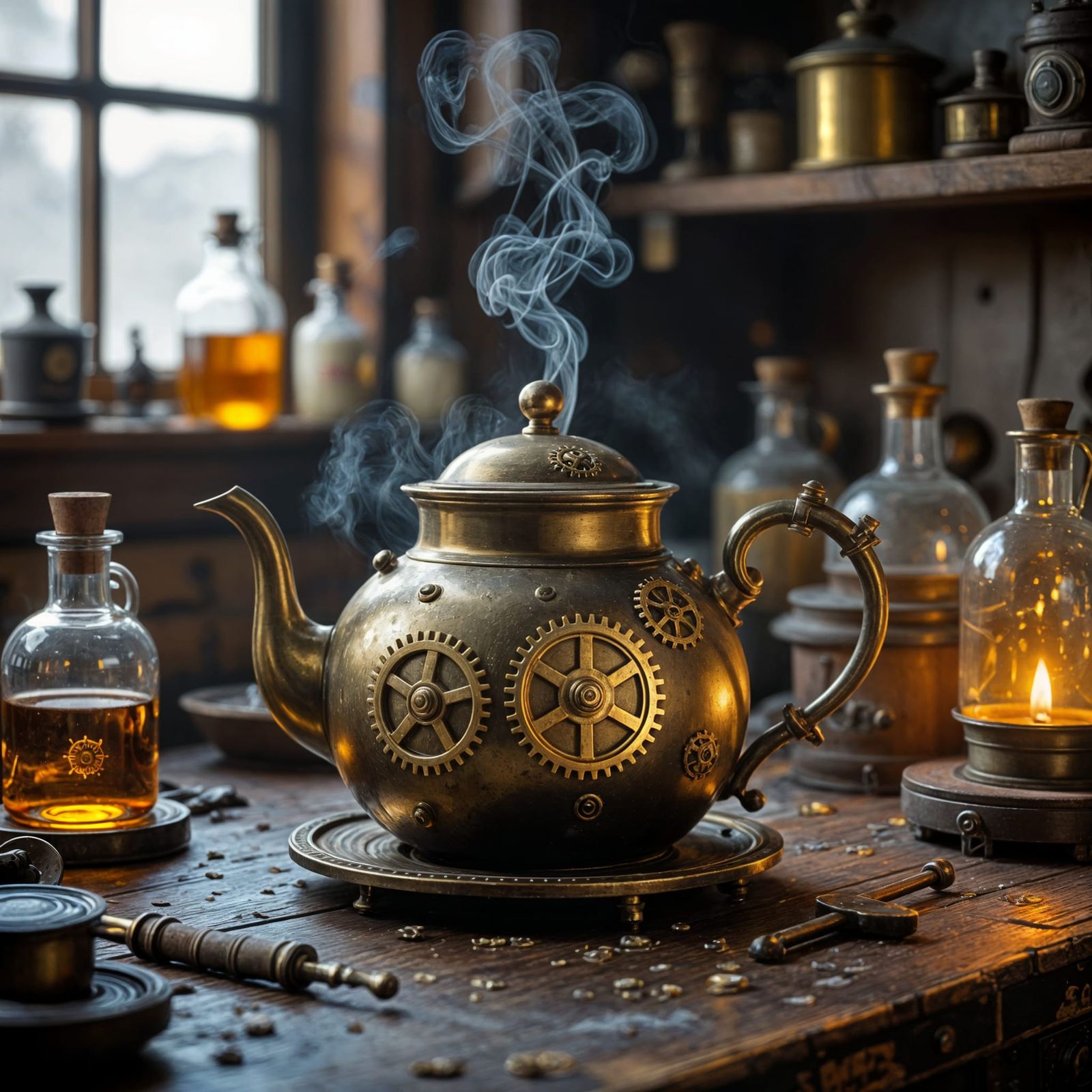 Steampunk Teapot with Brass Gears and Arcane Tools