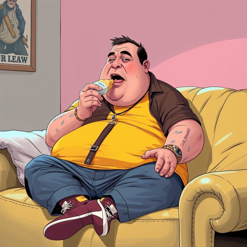Fat Man Indulges in Twinkie as He Sits on Couch in Vibrant F...