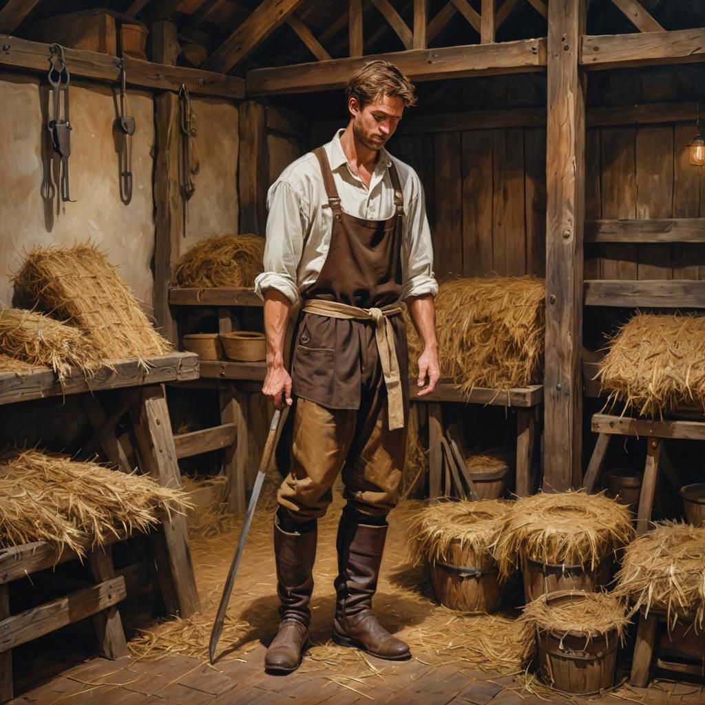 Idyllic Stable Scene as Warm Oil Painting