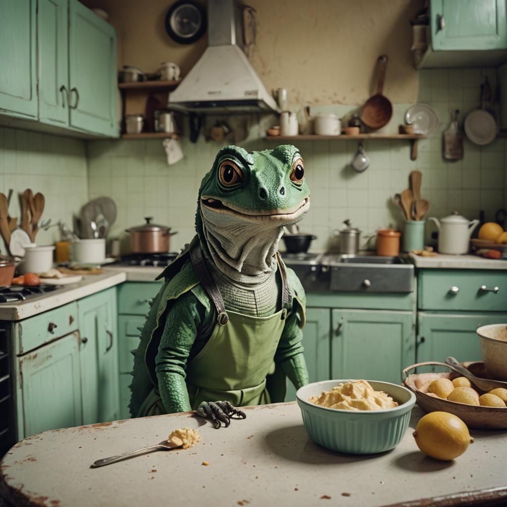 Frog on Cake in Rustic Kitchen