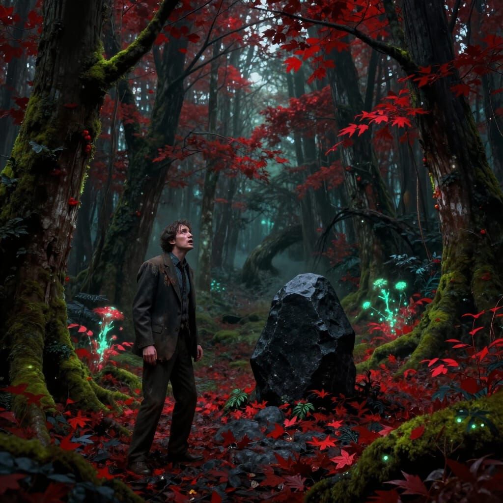 Man in Tattered Suit in Eerie Bioluminescent Forest