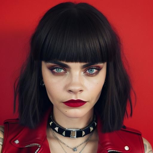 Cara Delevingne Selfie with Red Bob and Biker Jacket