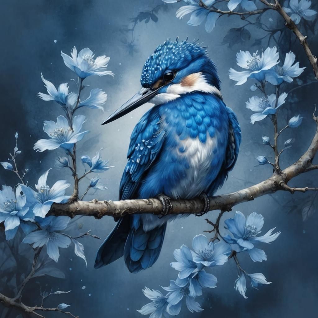 Blue Kingfisher in Monochromatic Watercolor Style