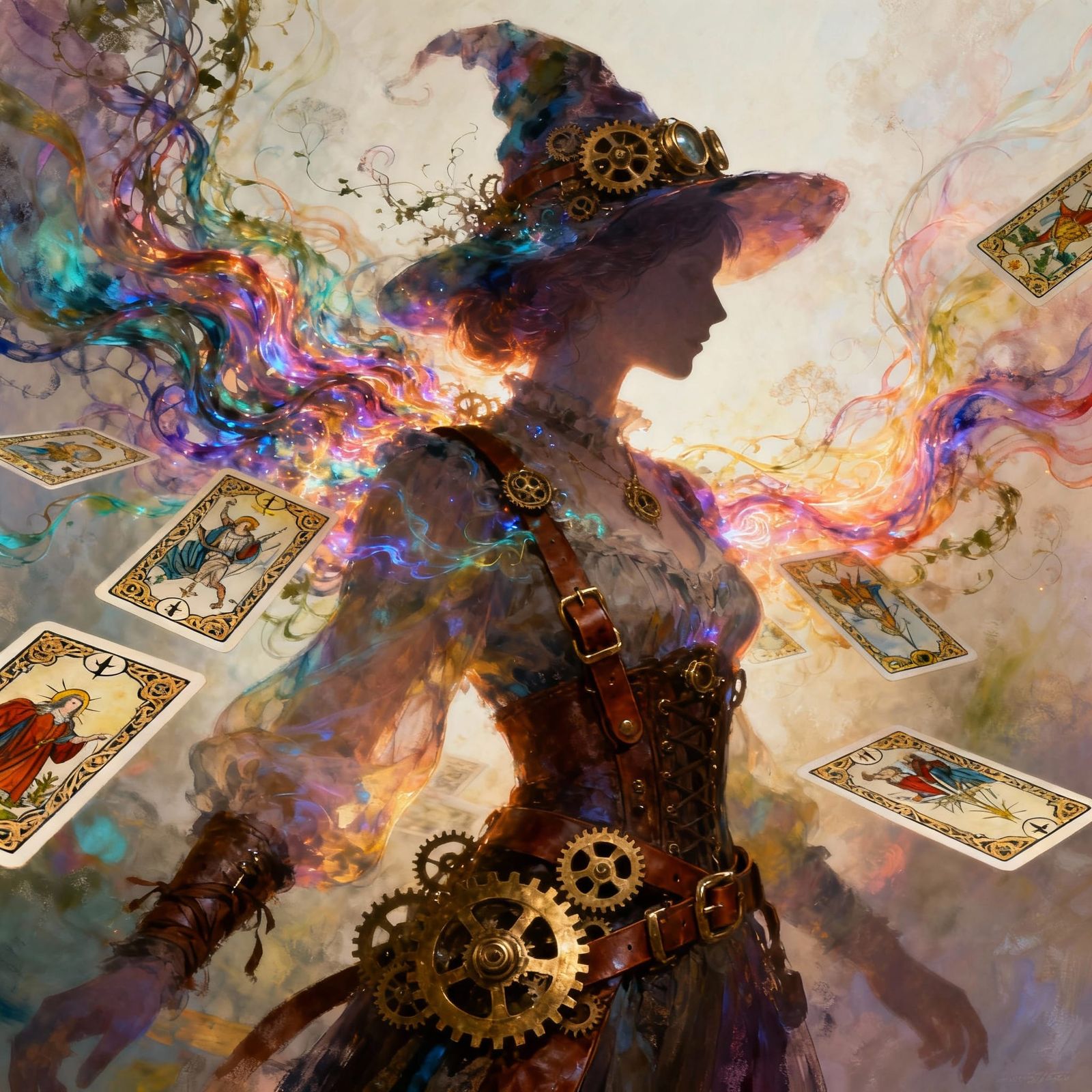 Steampunk Wizard Silhouette with Tarot Cards, Painterly Real...
