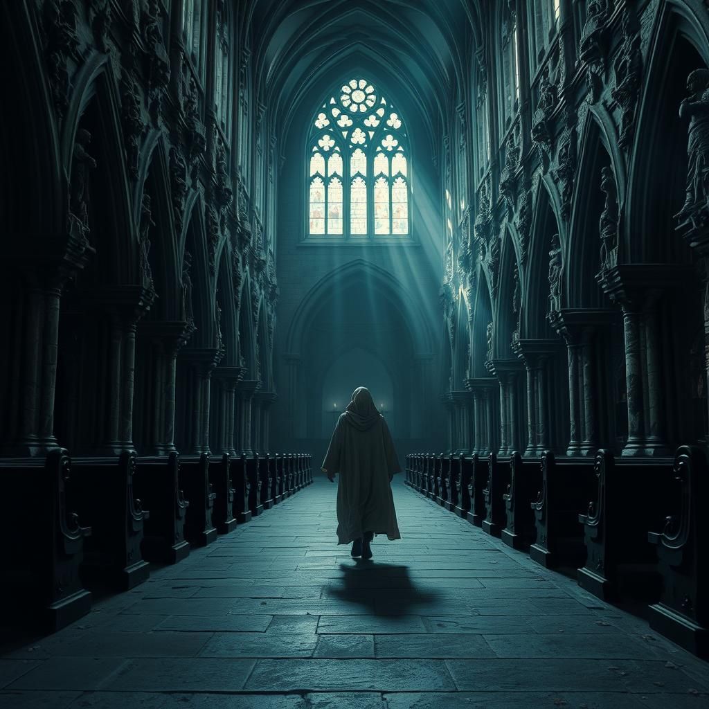Ethereal Figure in Gothic Cathedral, Digital Matte Painting