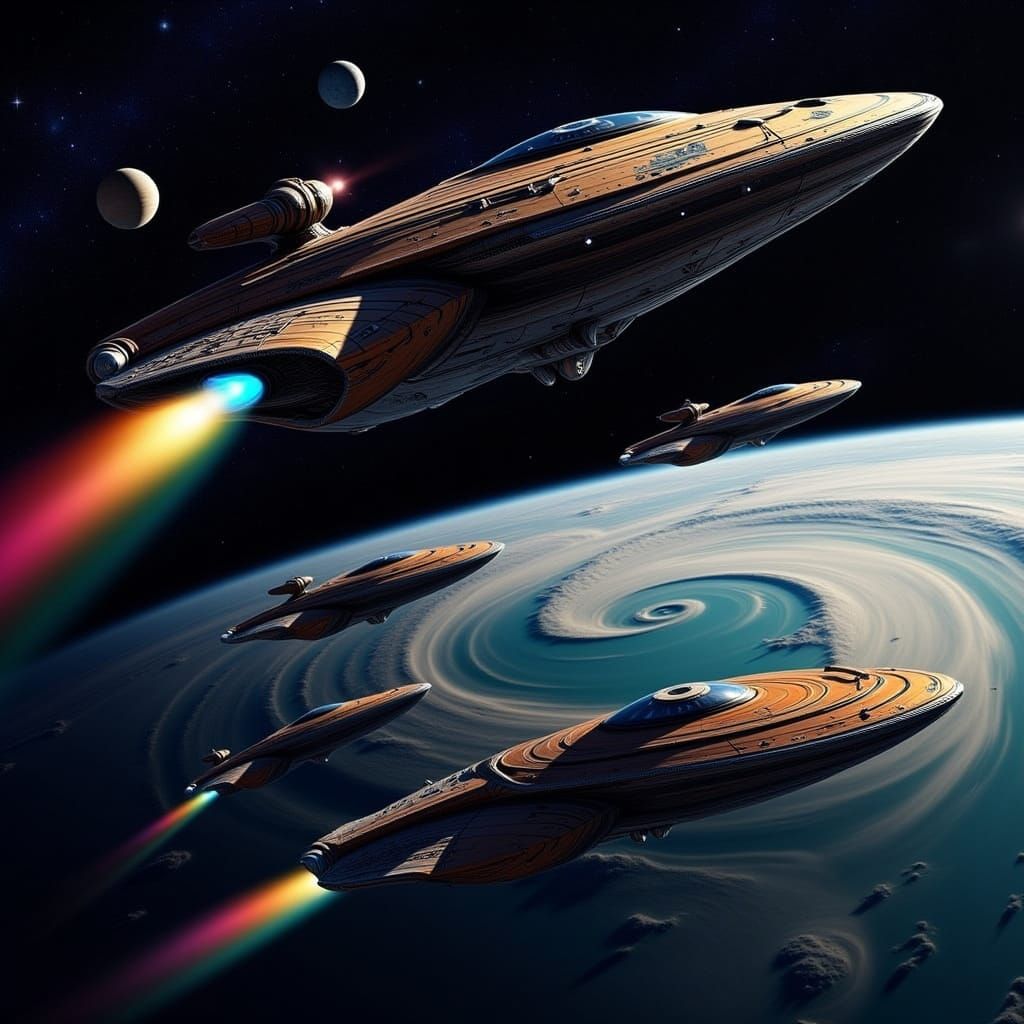 Epic Spaceships Soar Over a Swirling Gas Planet