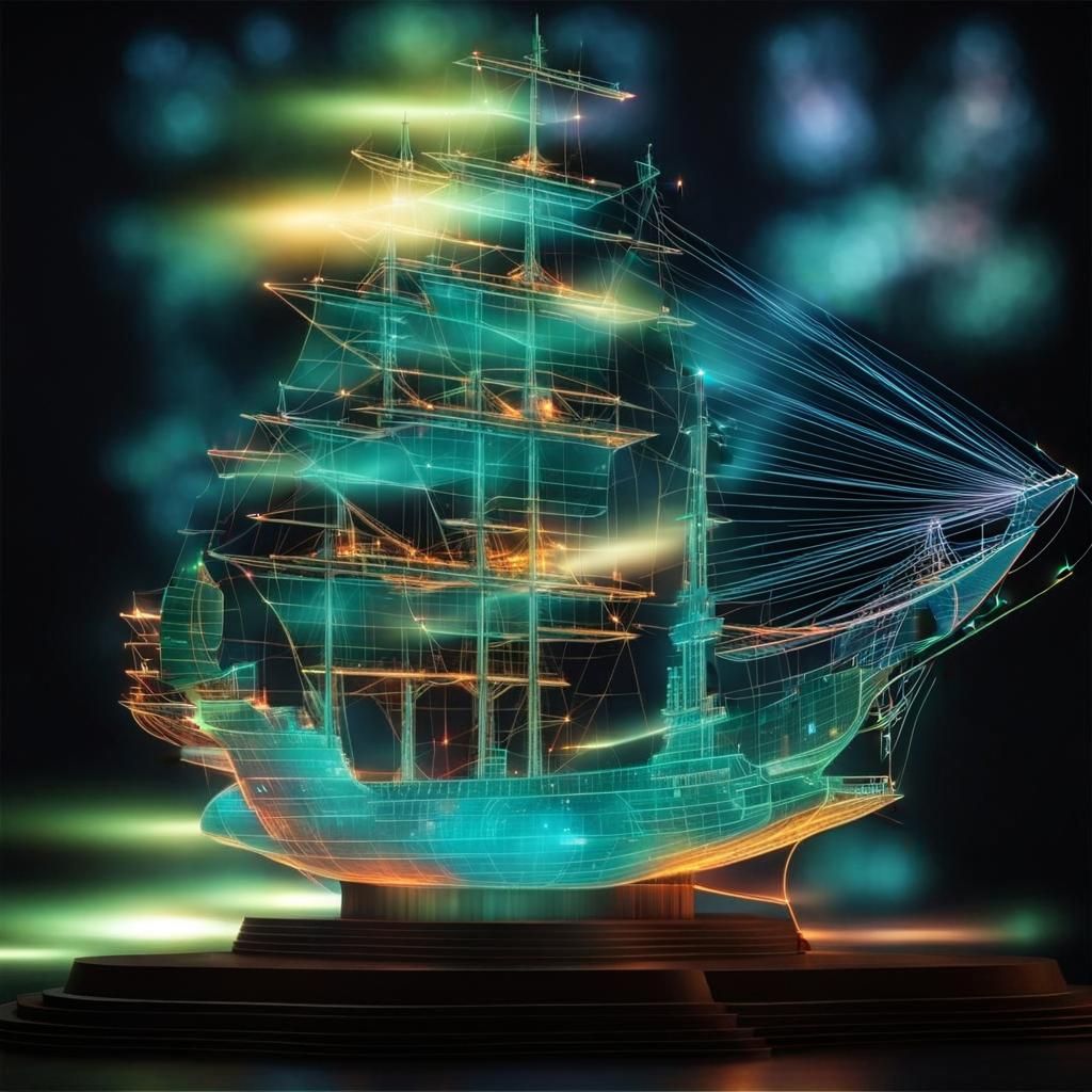 Holographic Ship Schematic in Laser Lightshow Style