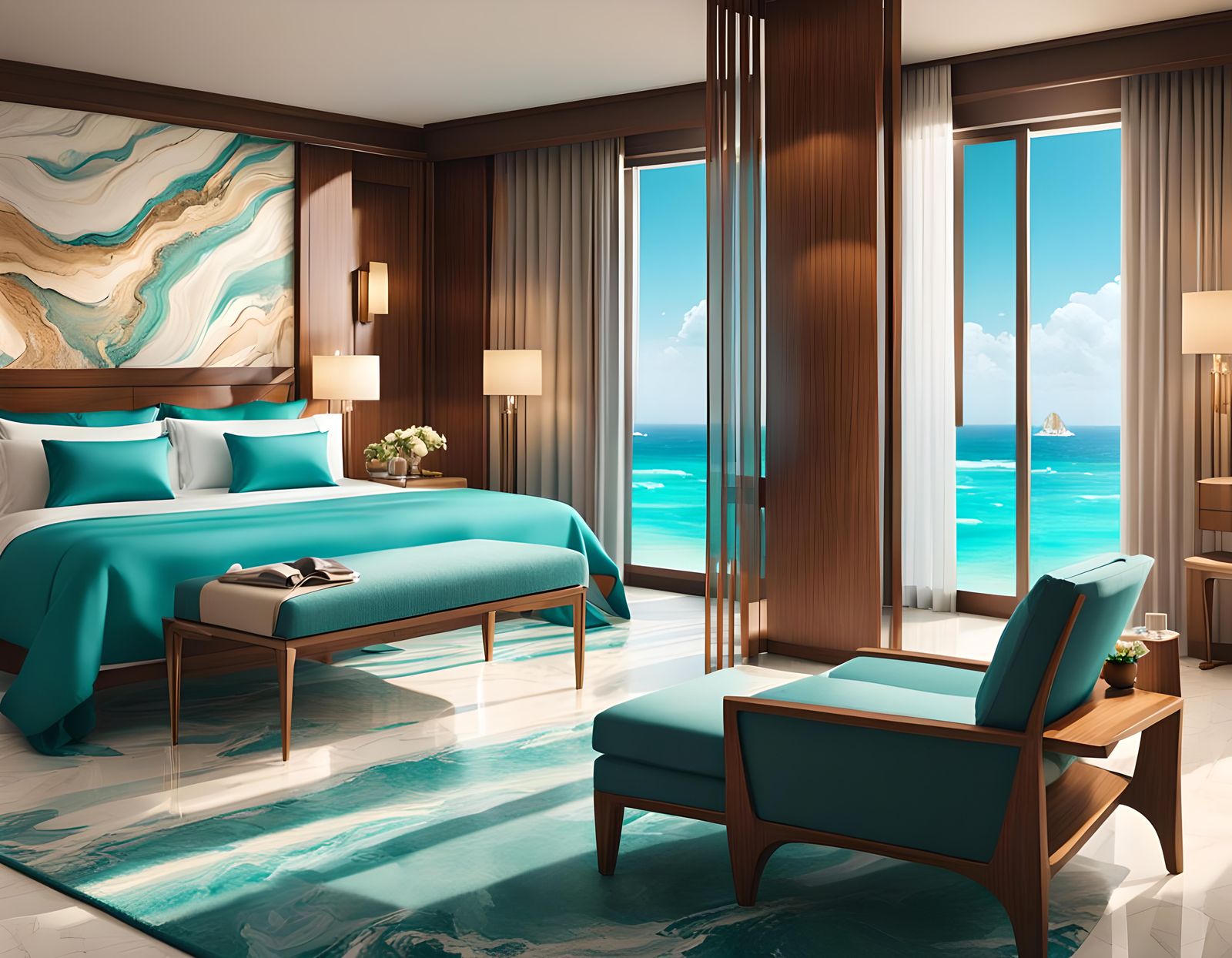 a beautiful luxury hotel room with view beach
