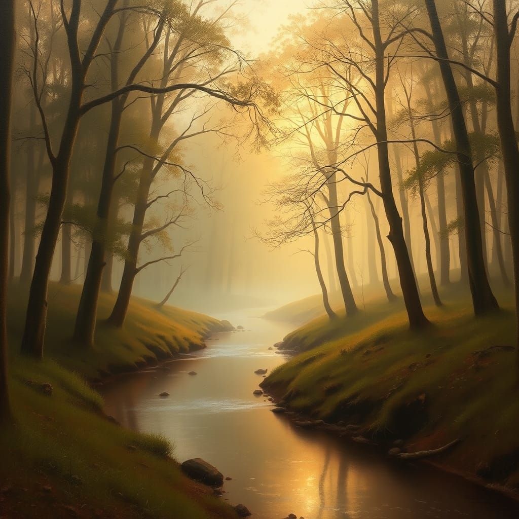 Misty Brook in Forest: A 19th-Century Landscape