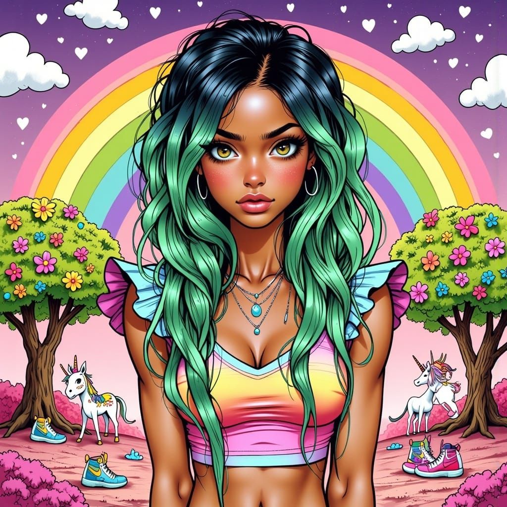 Vibrant Woman in Whimsical Rainbow Landscape