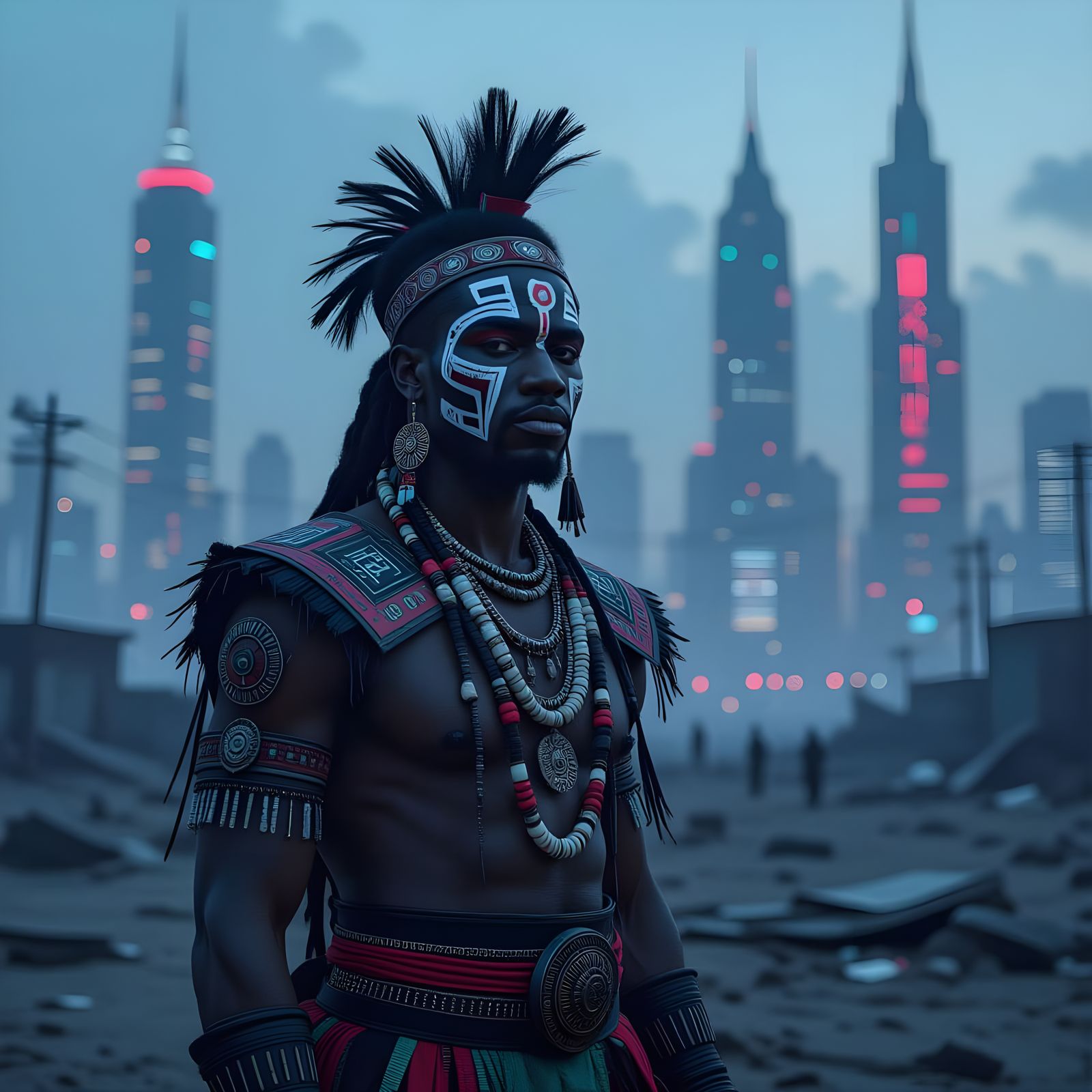 Yoruba Warrior on Cyberpunk Battlefield in Afrofuturist Styl...