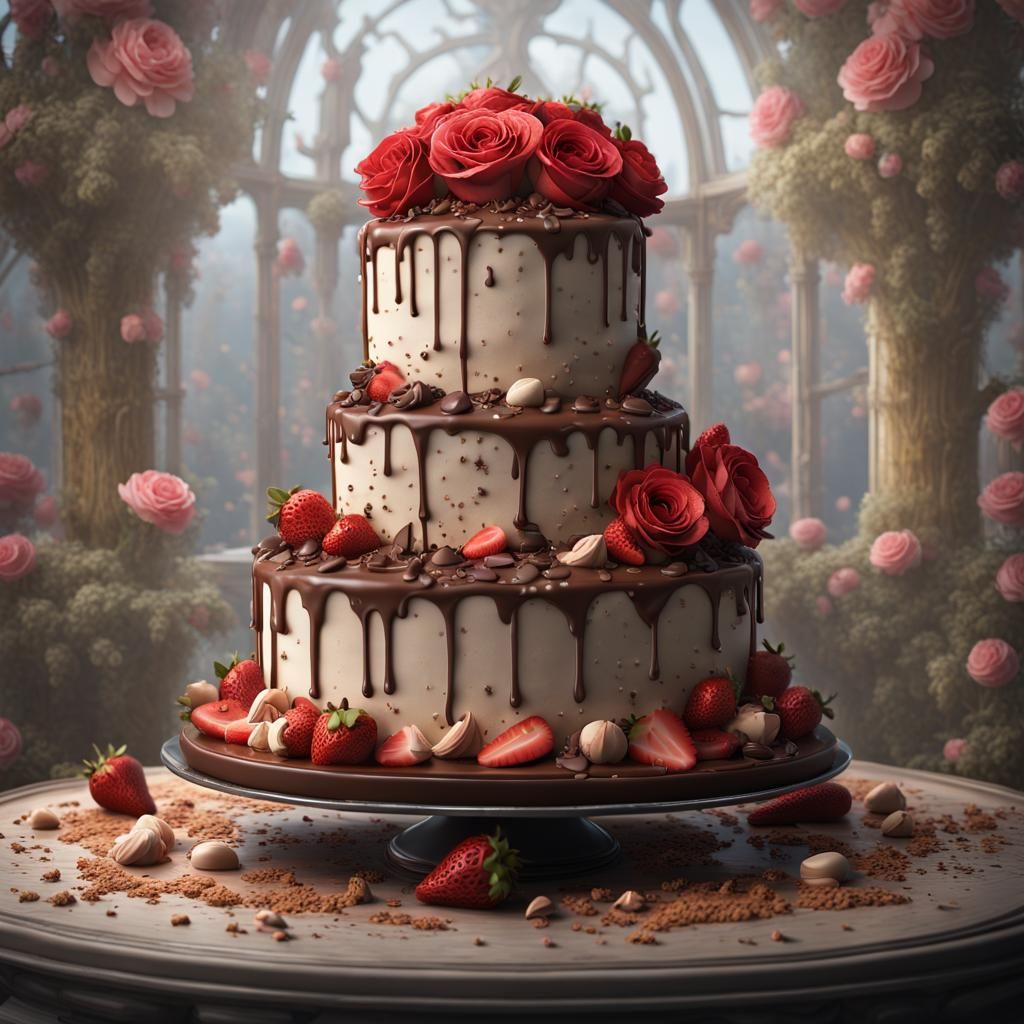 Detailed Cake with Roses and Chocolate in Fantasy Art