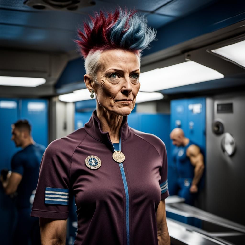 Striking Portrait of Woman with Mohawk in Locker Room