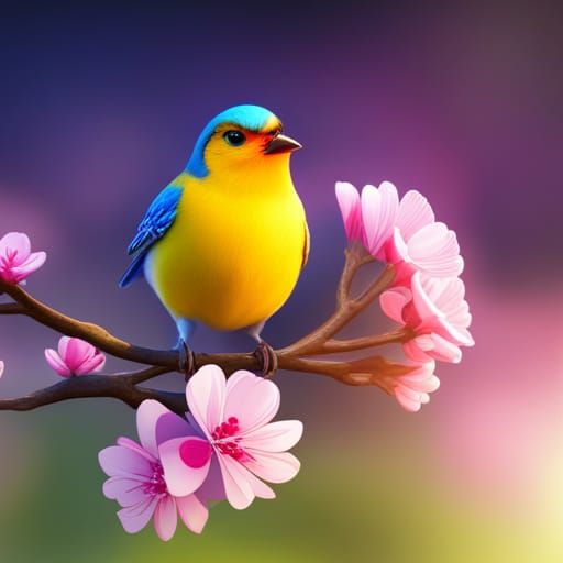 Songbird on Pink Sakura Tree in Golden Sunlight