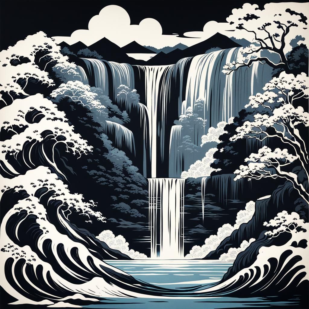 Monochrome Waterfall Scene in Woodblock Print Style