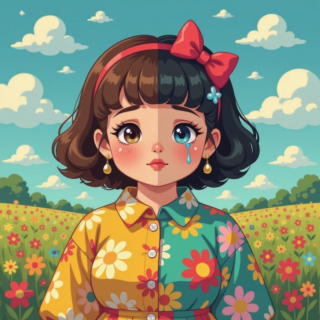 Split Emotion Girl in Surreal Whimsical Style