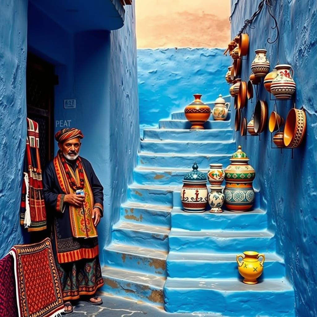 Moroccan Vendor on Blue Stairs, Classic Painting Style