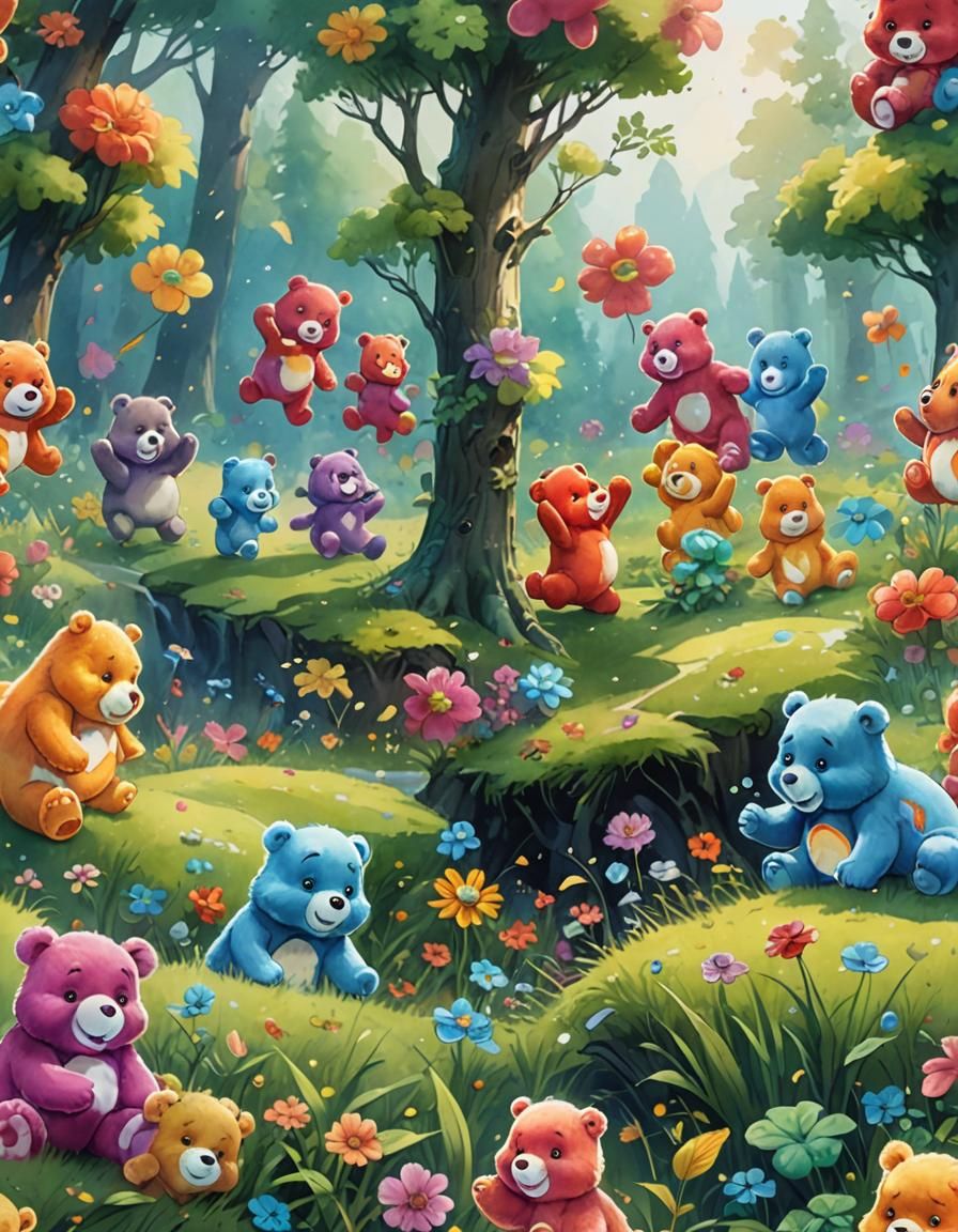 Care Bears Tumbling in Grassy Area: Watercolor Painting