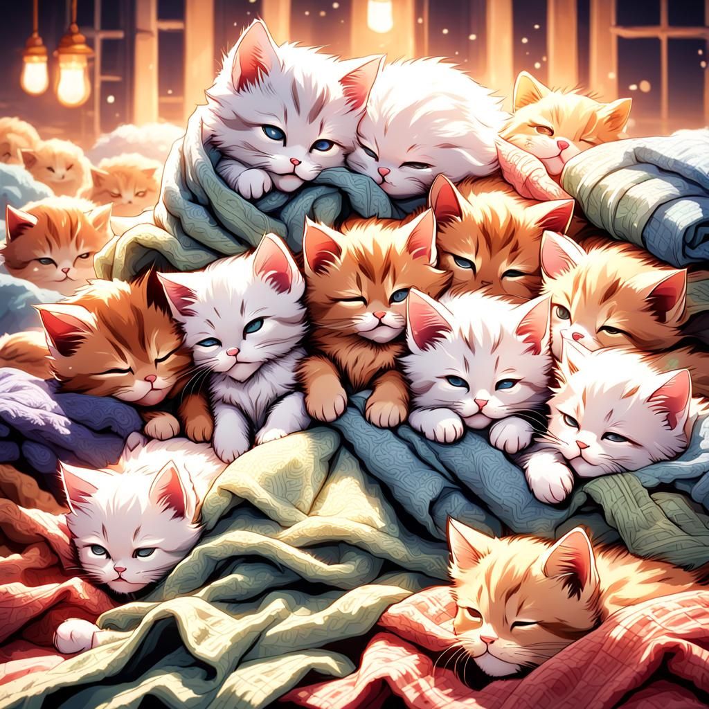 Kittens Napping in Anime Style