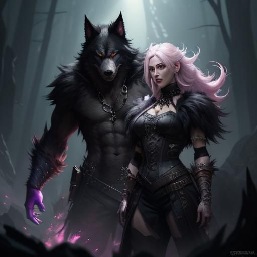 Girl and Werewolf in Dark Fantasy Style