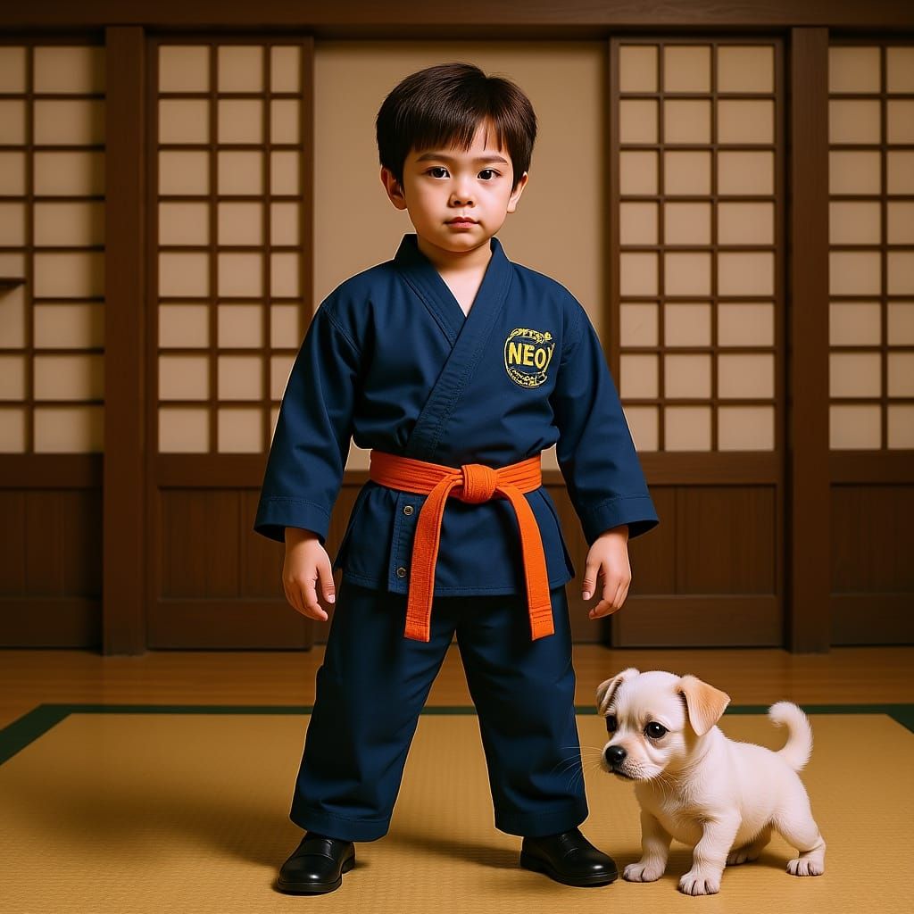 Boy in Dojo Poses in Karate Stance