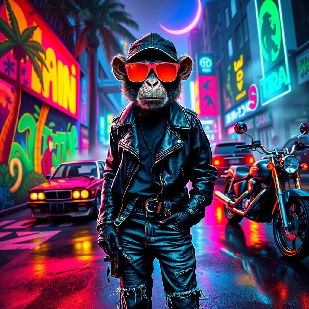 Monkey in Cyberpunk Scene with Neon Graffiti