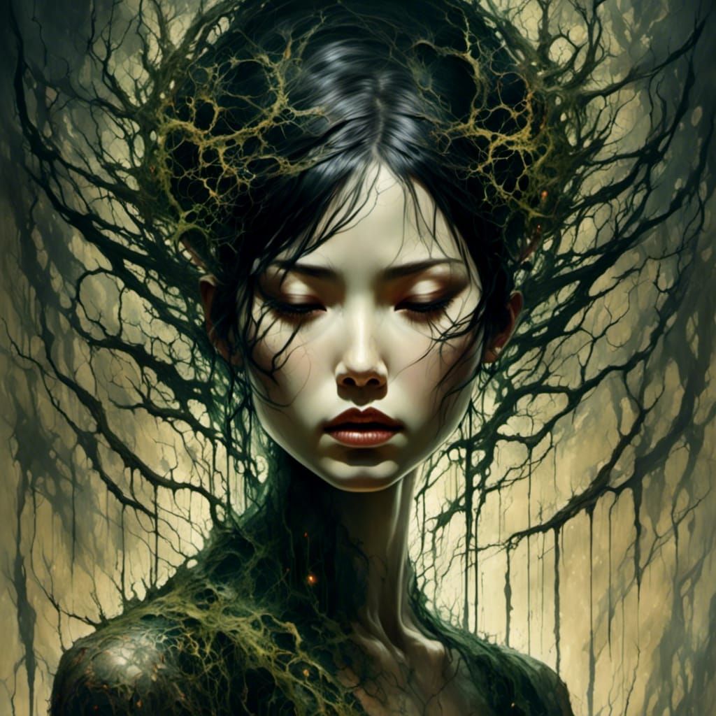 Woman in Agony in Ancient Japanese Forest