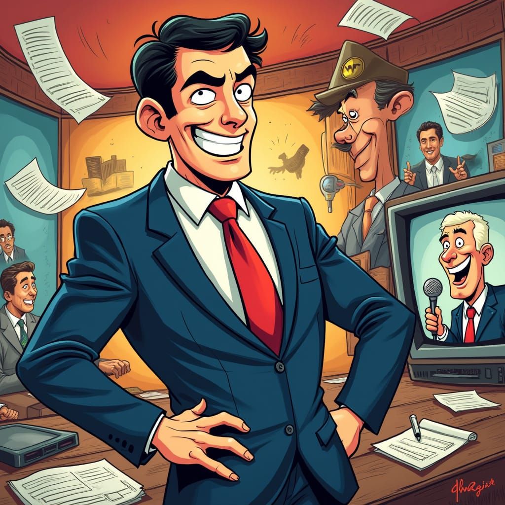 Satirical News Reporter Exudes Humor and Wit in Cartoon-Styl...