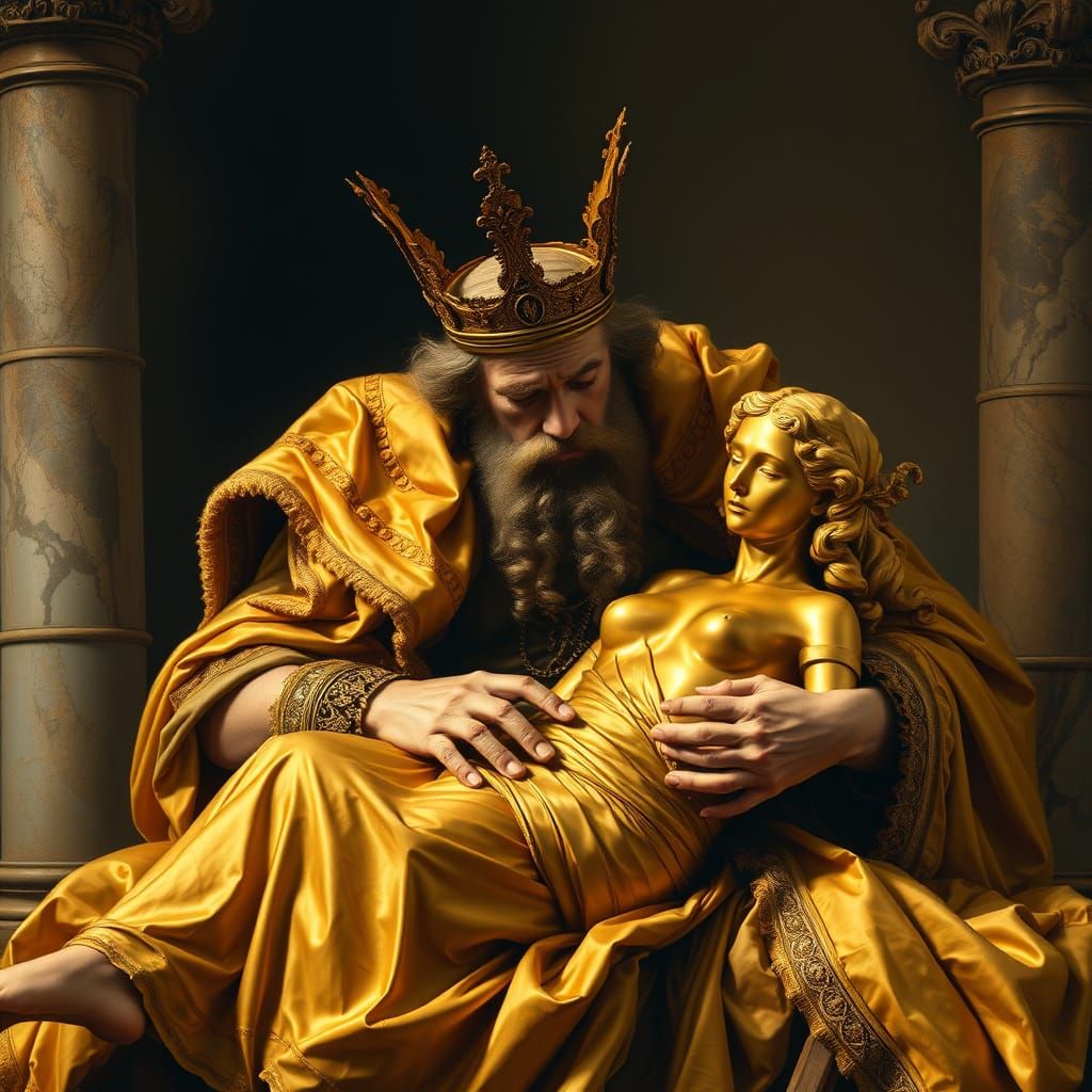 Distraught King Midas Cradles Golden Statue of Daughter