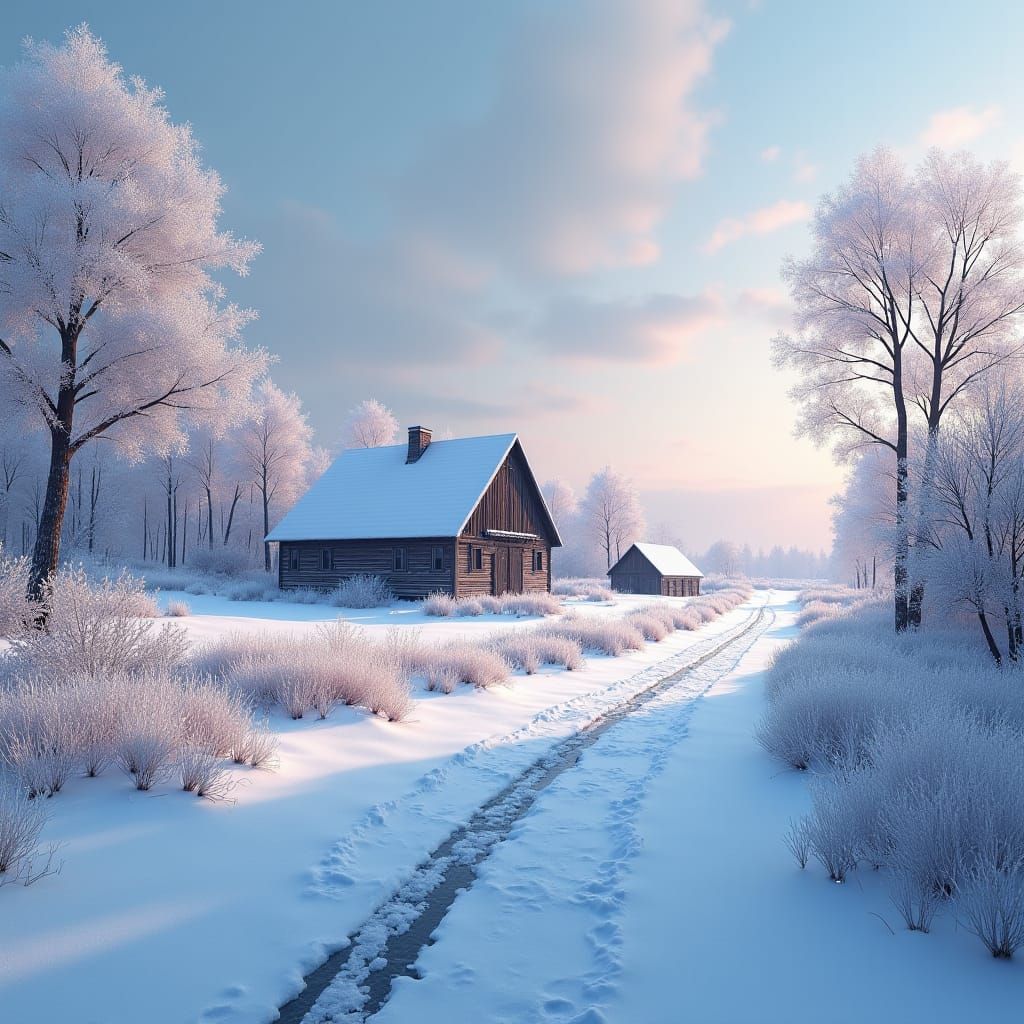 Snowy Countryside Landscape in Detailed Matte Painting