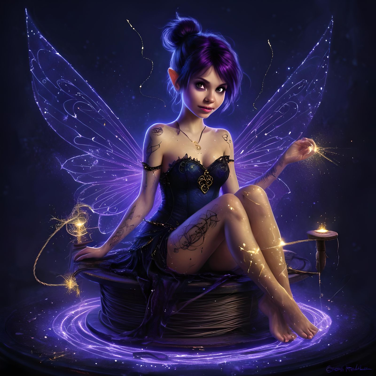 Gothic Tinkerbell with Runic Tattoos, Digital Art