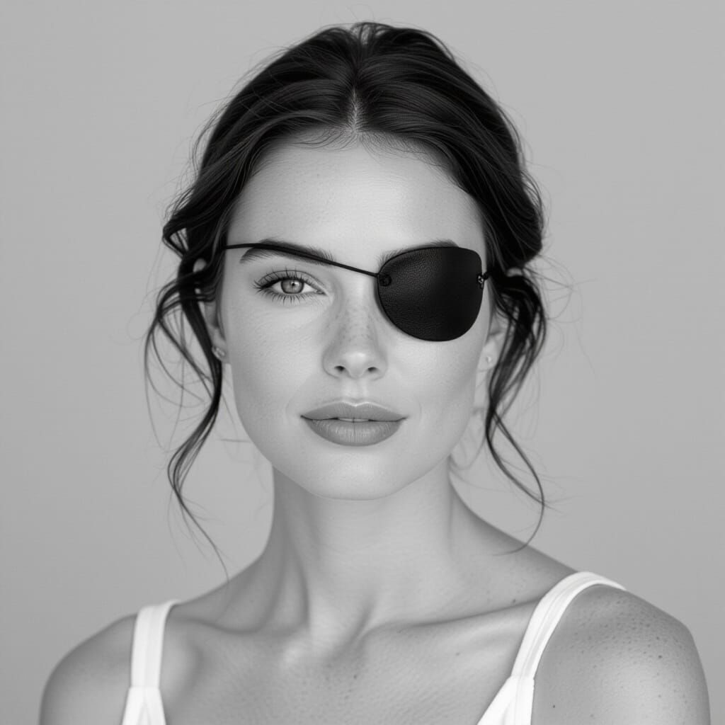 Black and White Portrait of a Woman with Eyepatch