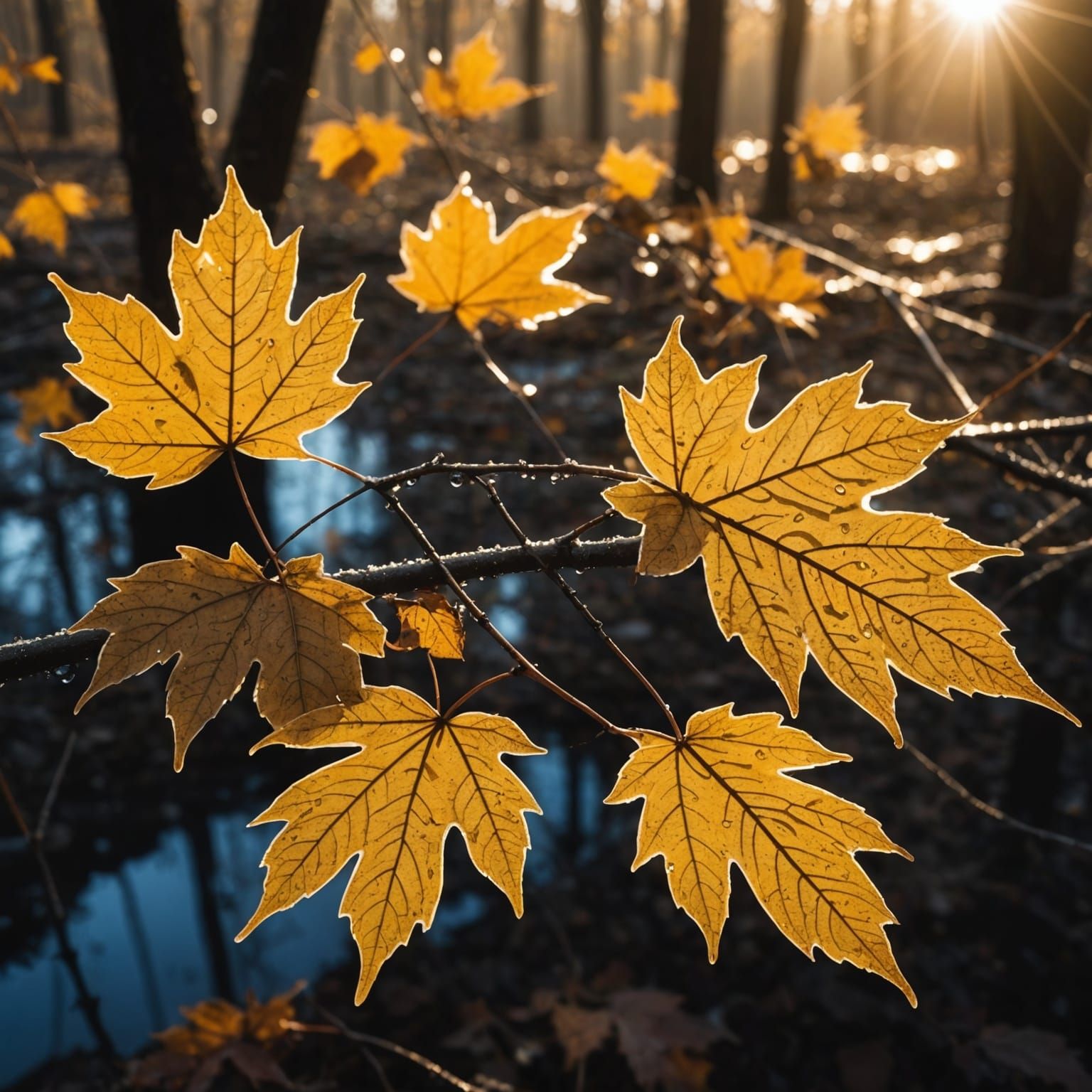 Dew Drops Reflect Autumn Trees in Golden Light