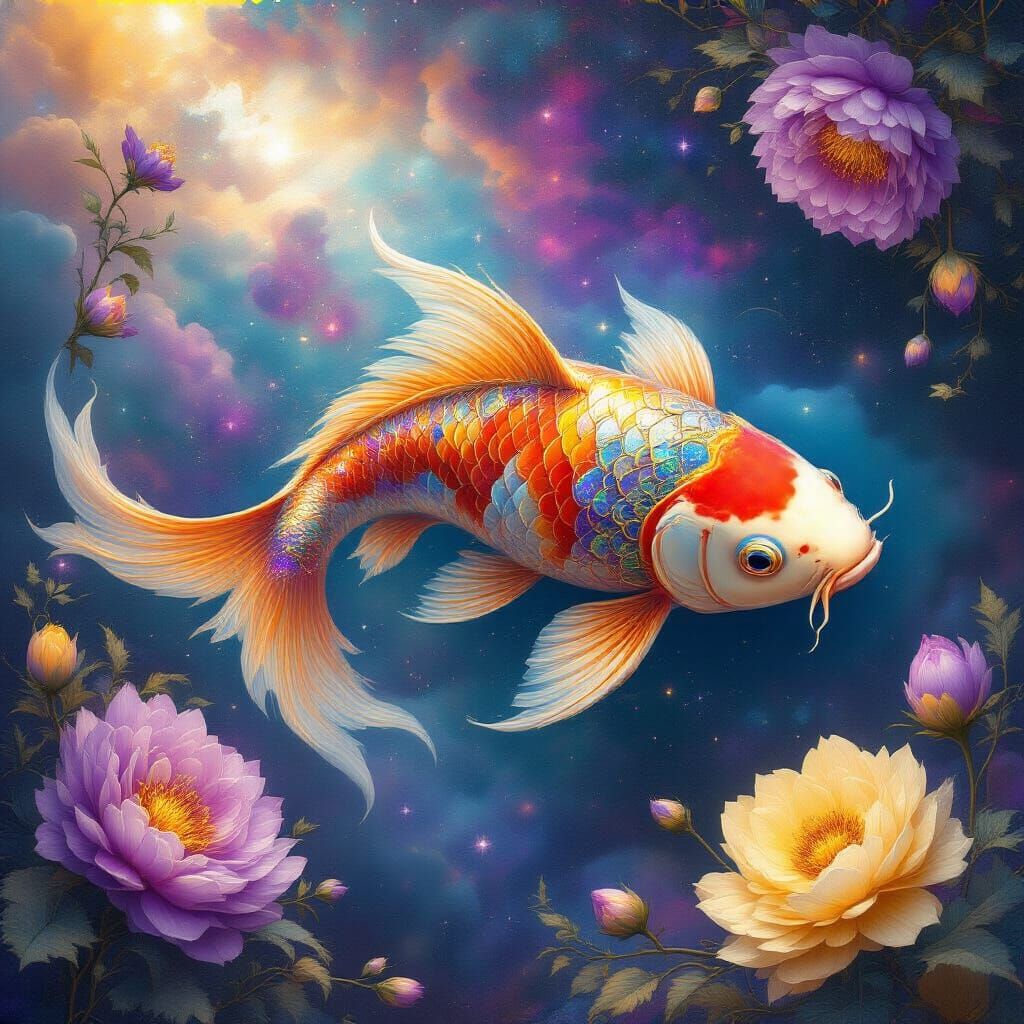 Celestial Koi Fish in Cosmic Flora, Psychedelic Art