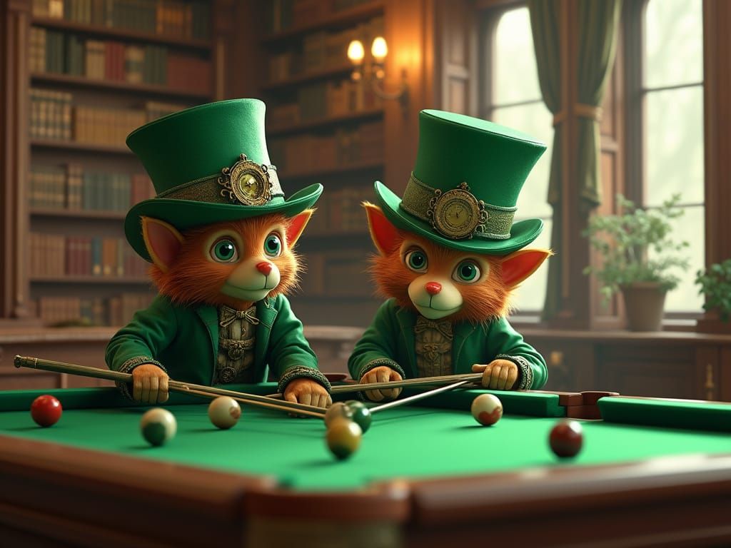 Clockwork Leprechauns Play Billiards in a Grand Library