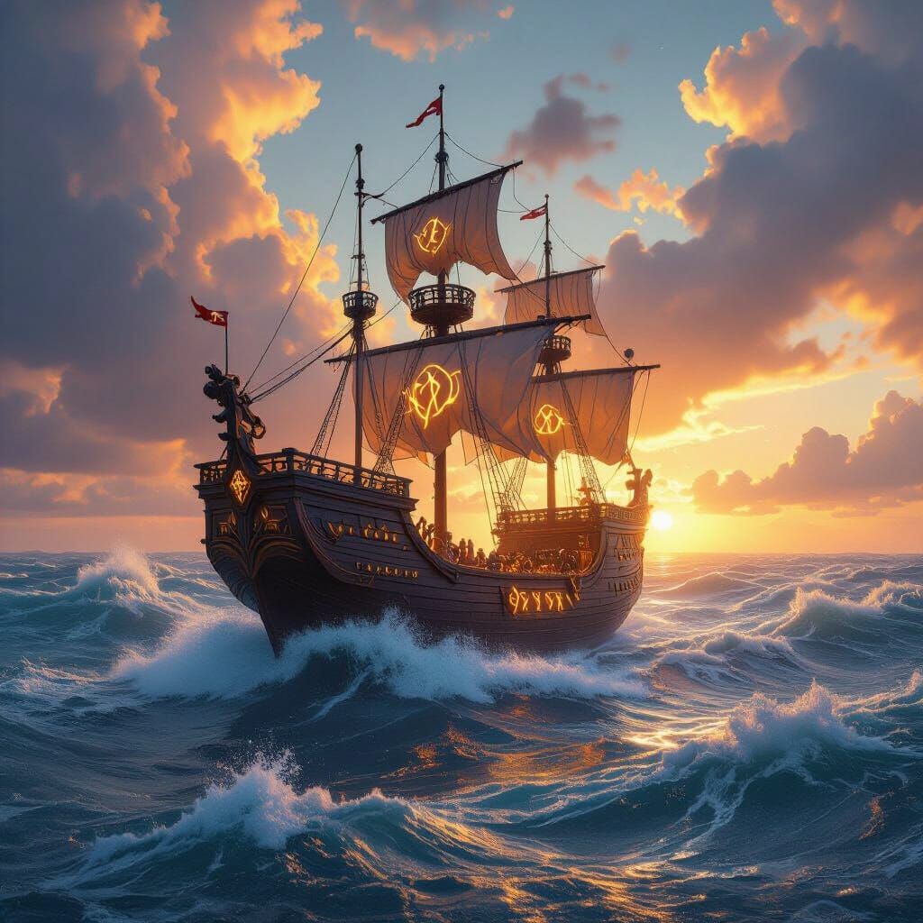 Majestic Magical Ship on Tempestuous Ocean Waves