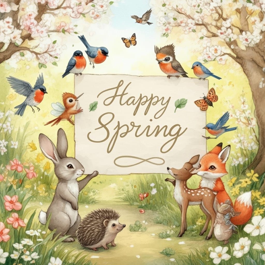 Vibrant Spring Celebration in Whimsical Watercolor Style