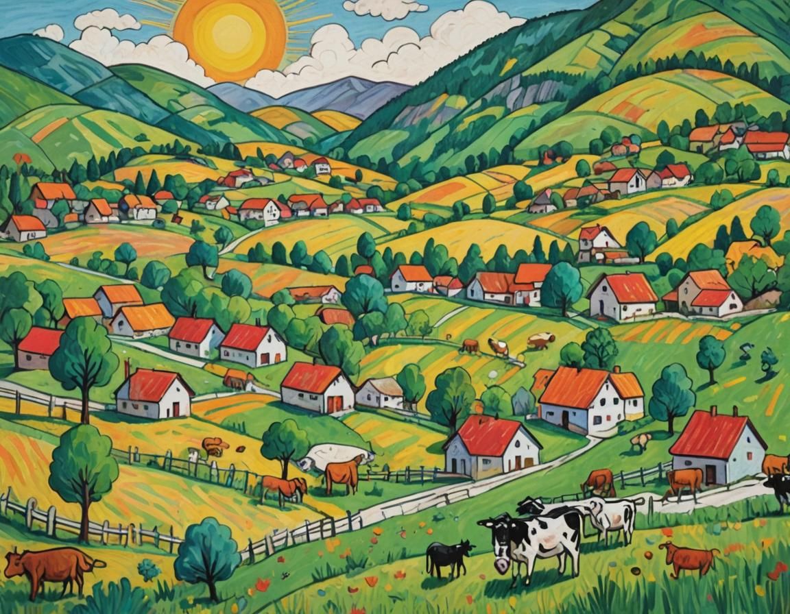 Naive Art Town Landscape with Cows and Mountains