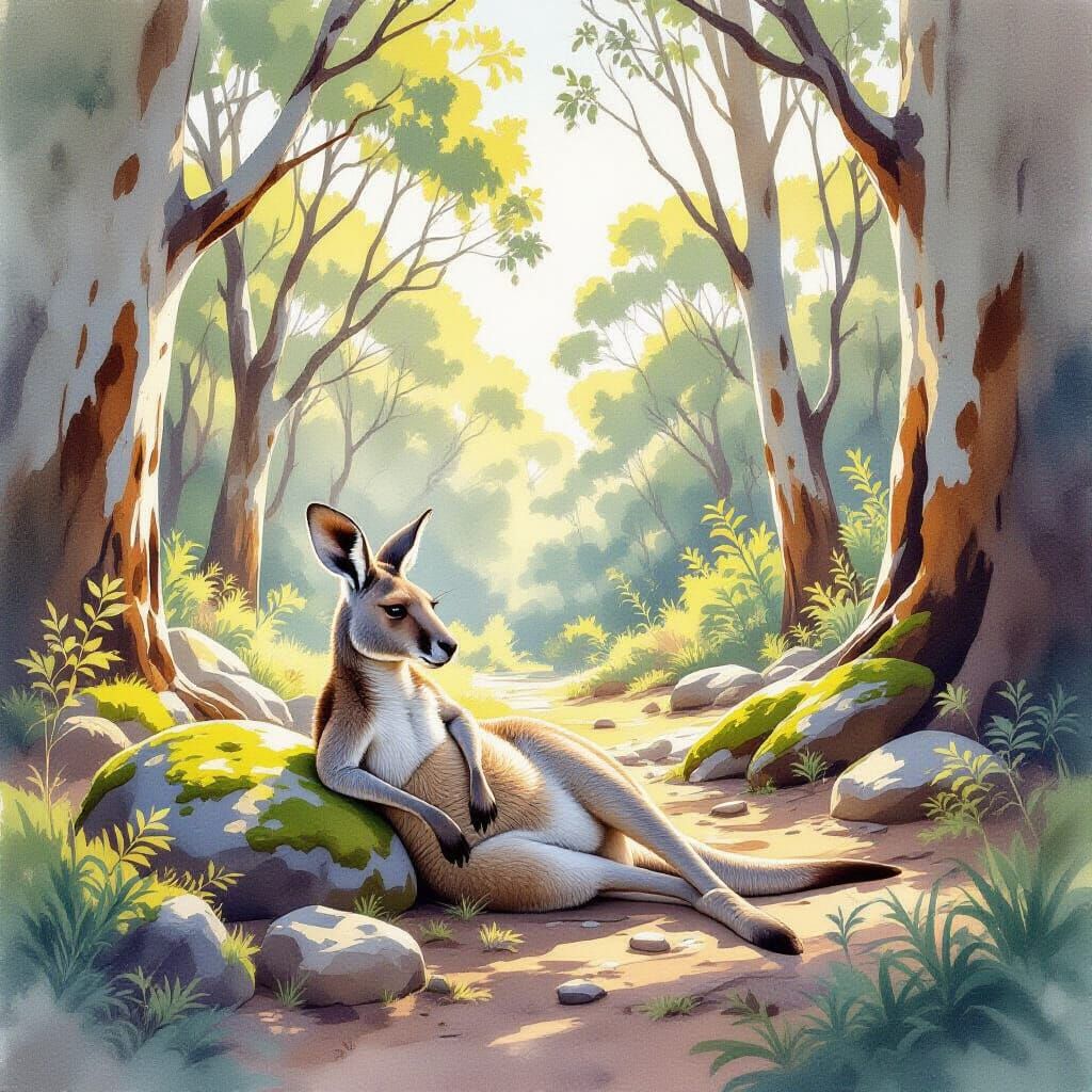 Kangaroo Relaxing in Australian Bush: Watercolor Painting